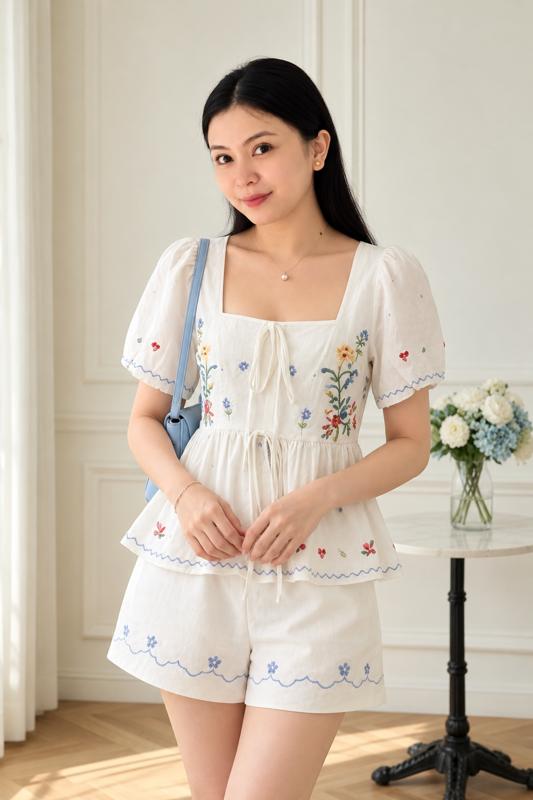 Product photo – embroidered top and shorts